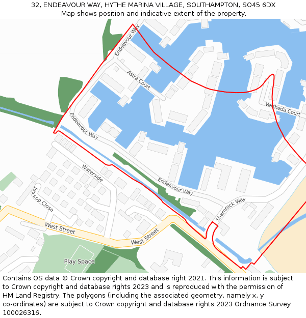 32, ENDEAVOUR WAY, HYTHE MARINA VILLAGE, SOUTHAMPTON, SO45 6DX: Location map and indicative extent of plot