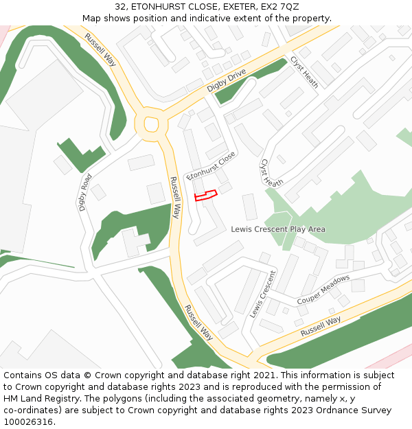 32, ETONHURST CLOSE, EXETER, EX2 7QZ: Location map and indicative extent of plot