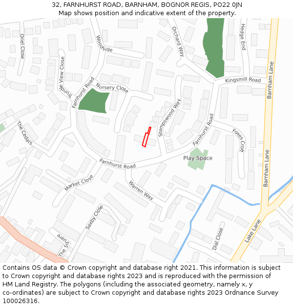 32, FARNHURST ROAD, BARNHAM, BOGNOR REGIS, PO22 0JN: Location map and indicative extent of plot