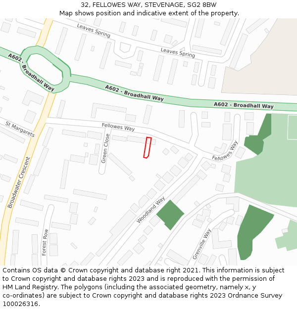 32, FELLOWES WAY, STEVENAGE, SG2 8BW: Location map and indicative extent of plot
