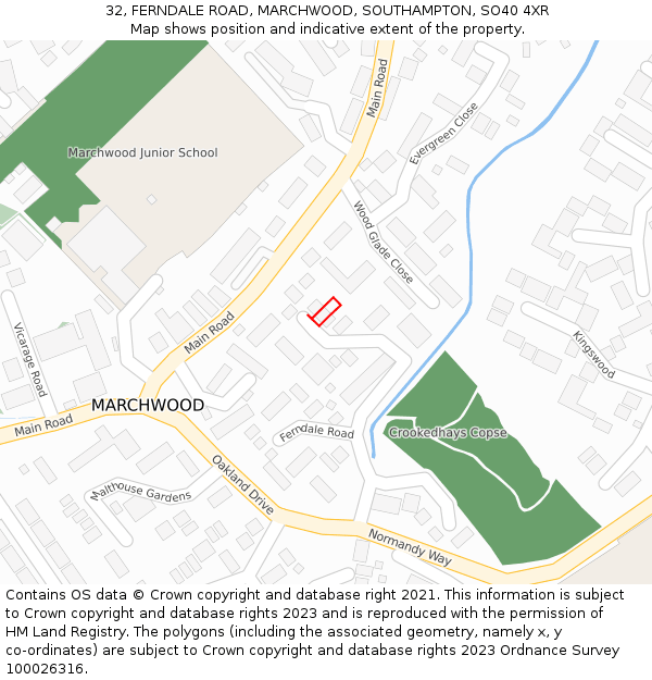 32, FERNDALE ROAD, MARCHWOOD, SOUTHAMPTON, SO40 4XR: Location map and indicative extent of plot