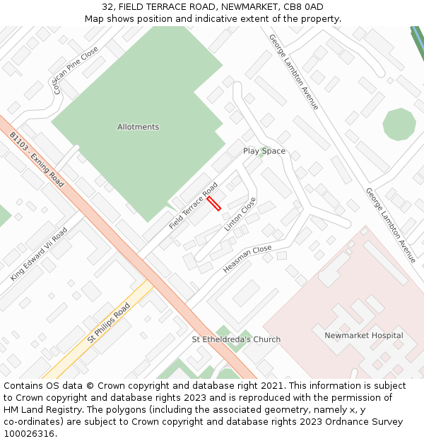 32, FIELD TERRACE ROAD, NEWMARKET, CB8 0AD: Location map and indicative extent of plot