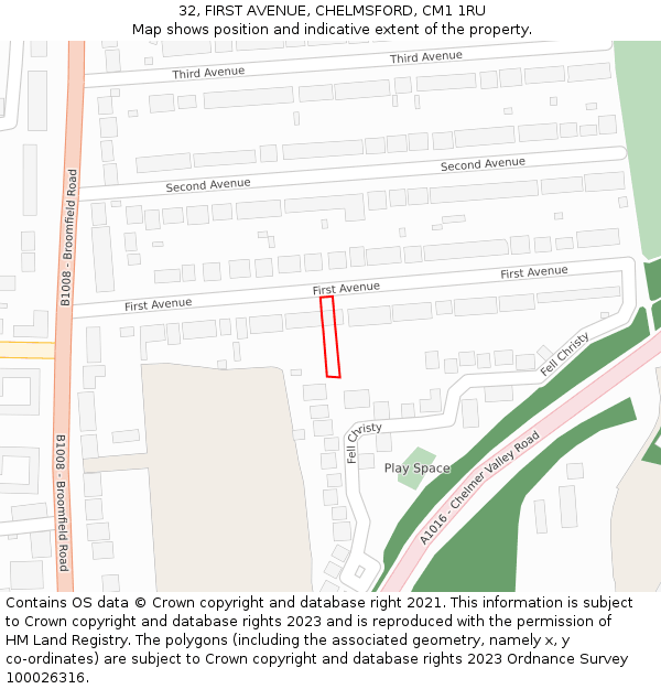 32, FIRST AVENUE, CHELMSFORD, CM1 1RU: Location map and indicative extent of plot
