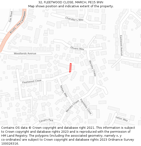 32, FLEETWOOD CLOSE, MARCH, PE15 9NN: Location map and indicative extent of plot