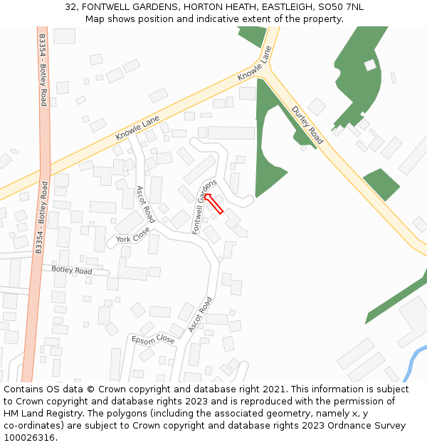 32, FONTWELL GARDENS, HORTON HEATH, EASTLEIGH, SO50 7NL: Location map and indicative extent of plot