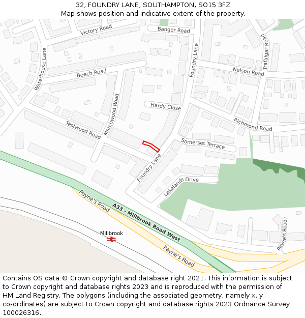 32, FOUNDRY LANE, SOUTHAMPTON, SO15 3FZ: Location map and indicative extent of plot