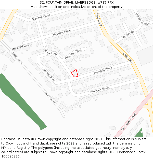 32, FOUNTAIN DRIVE, LIVERSEDGE, WF15 7PX: Location map and indicative extent of plot