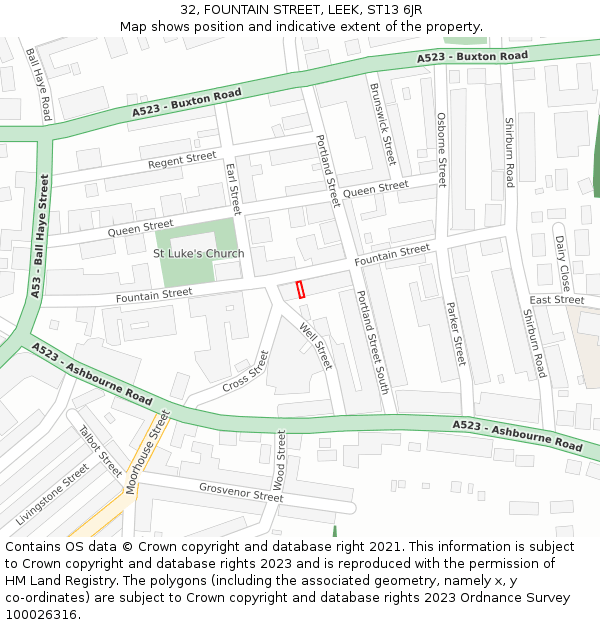 32, FOUNTAIN STREET, LEEK, ST13 6JR: Location map and indicative extent of plot