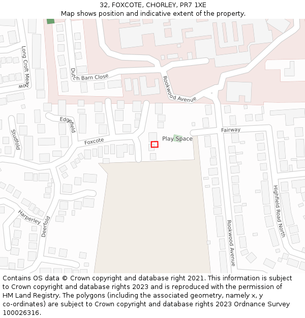 32, FOXCOTE, CHORLEY, PR7 1XE: Location map and indicative extent of plot