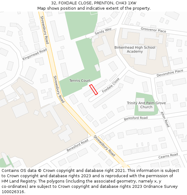 32, FOXDALE CLOSE, PRENTON, CH43 1XW: Location map and indicative extent of plot