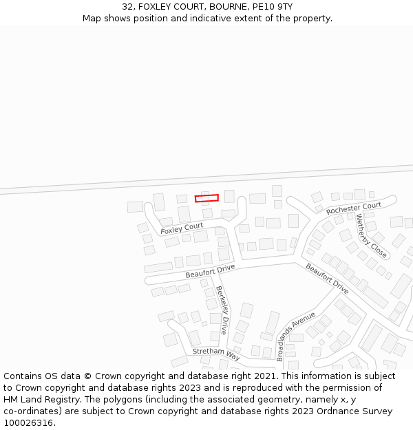 32, FOXLEY COURT, BOURNE, PE10 9TY: Location map and indicative extent of plot