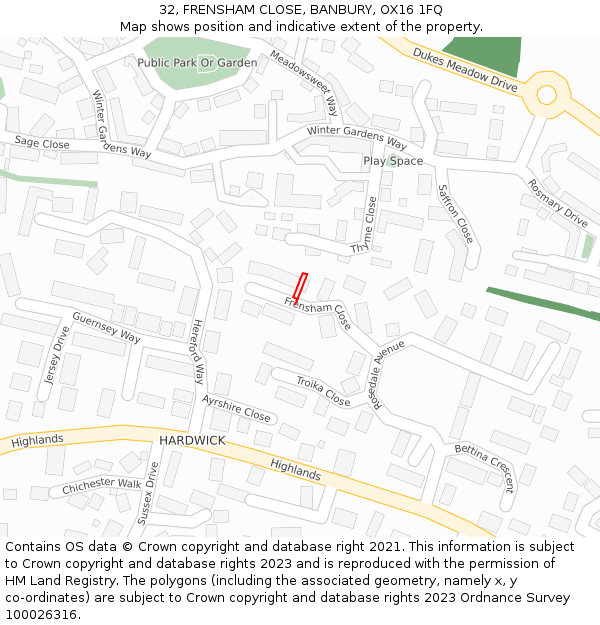 32, FRENSHAM CLOSE, BANBURY, OX16 1FQ: Location map and indicative extent of plot