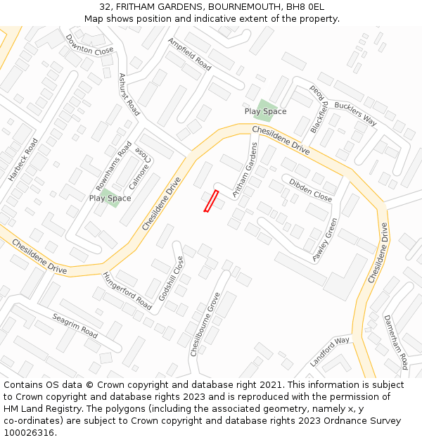 32, FRITHAM GARDENS, BOURNEMOUTH, BH8 0EL: Location map and indicative extent of plot