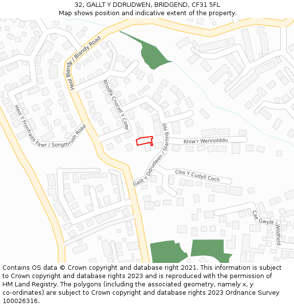 32, GALLT Y DDRUDWEN, BRIDGEND, CF31 5FL: Location map and indicative extent of plot