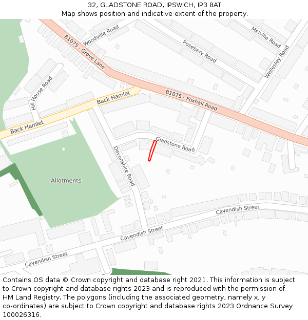 32, GLADSTONE ROAD, IPSWICH, IP3 8AT: Location map and indicative extent of plot
