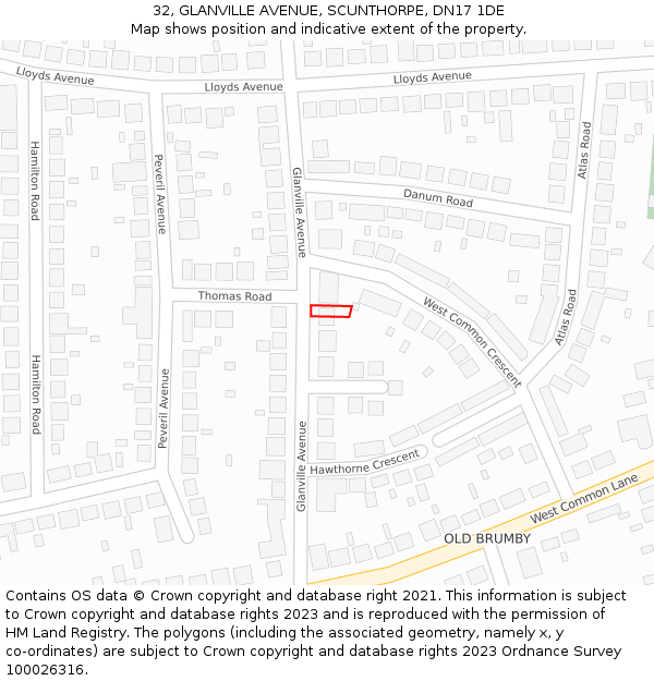 32, GLANVILLE AVENUE, SCUNTHORPE, DN17 1DE: Location map and indicative extent of plot