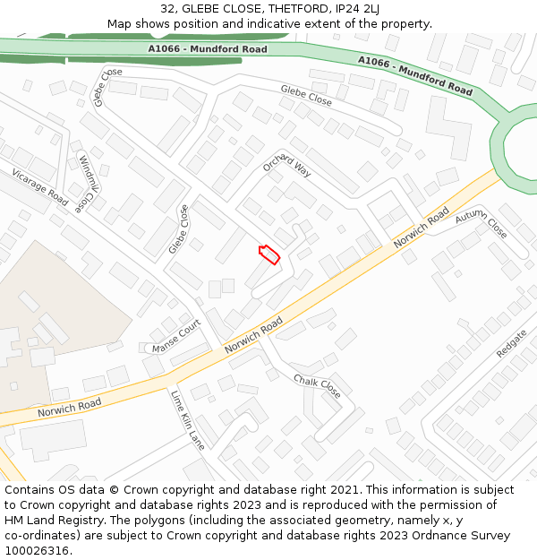 32, GLEBE CLOSE, THETFORD, IP24 2LJ: Location map and indicative extent of plot