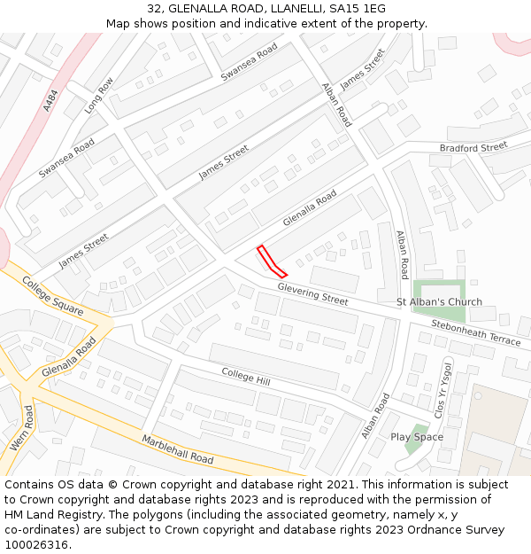 32, GLENALLA ROAD, LLANELLI, SA15 1EG: Location map and indicative extent of plot