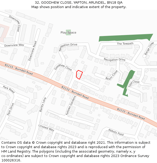 32, GOODHEW CLOSE, YAPTON, ARUNDEL, BN18 0JA: Location map and indicative extent of plot