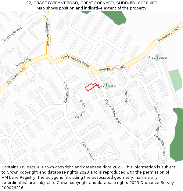 32, GRACE FARRANT ROAD, GREAT CORNARD, SUDBURY, CO10 0ED: Location map and indicative extent of plot