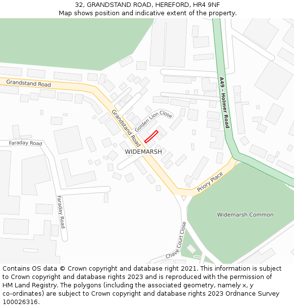 32, GRANDSTAND ROAD, HEREFORD, HR4 9NF: Location map and indicative extent of plot