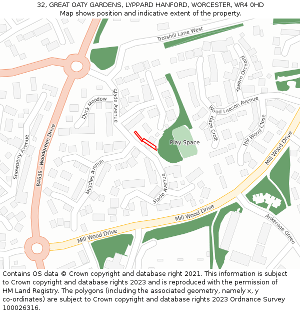 32, GREAT OATY GARDENS, LYPPARD HANFORD, WORCESTER, WR4 0HD: Location map and indicative extent of plot