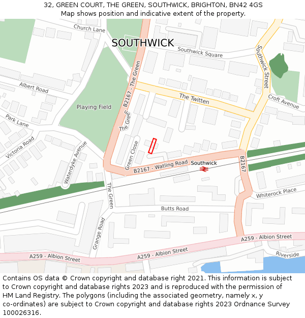 32, GREEN COURT, THE GREEN, SOUTHWICK, BRIGHTON, BN42 4GS: Location map and indicative extent of plot