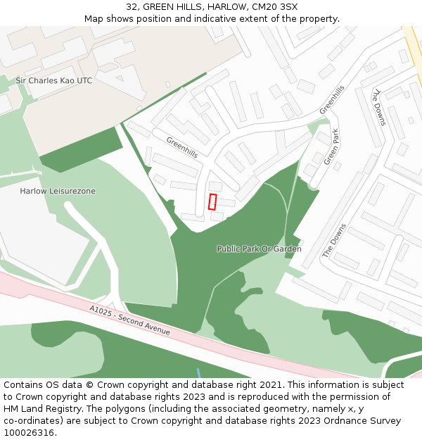 32, GREEN HILLS, HARLOW, CM20 3SX: Location map and indicative extent of plot
