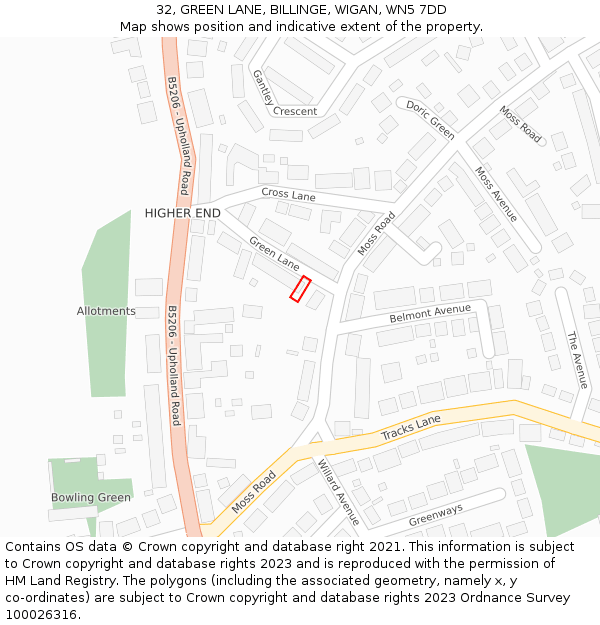 32, GREEN LANE, BILLINGE, WIGAN, WN5 7DD: Location map and indicative extent of plot