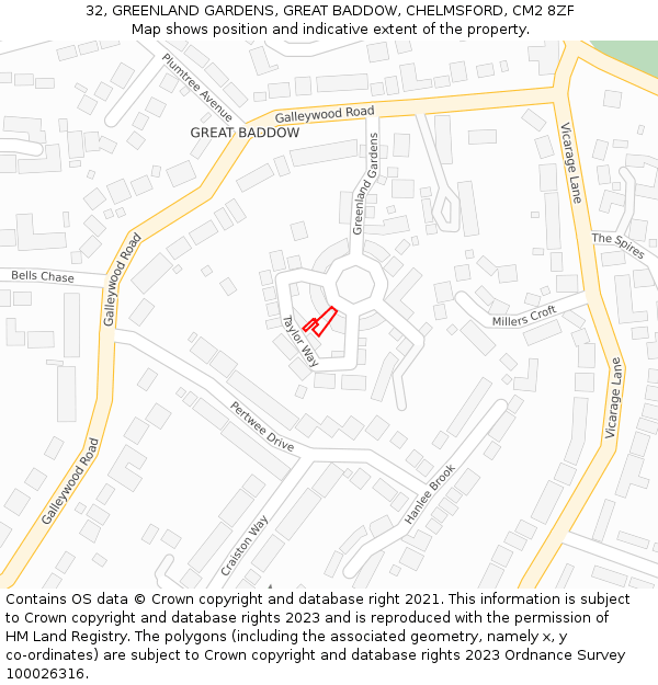 32, GREENLAND GARDENS, GREAT BADDOW, CHELMSFORD, CM2 8ZF: Location map and indicative extent of plot