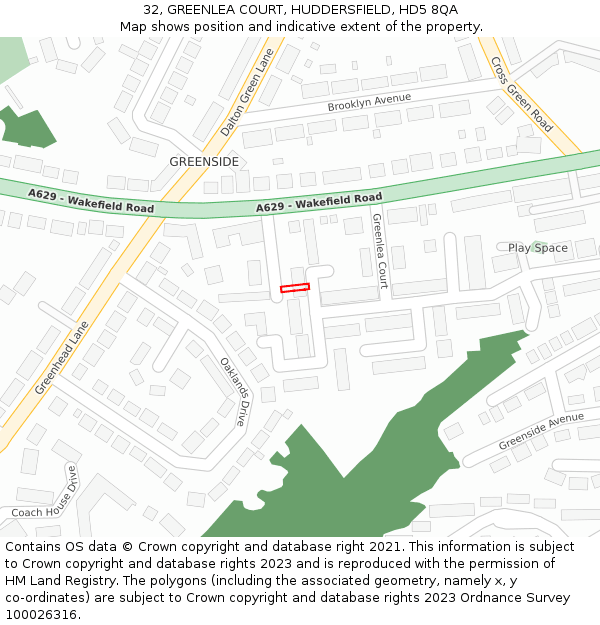 32, GREENLEA COURT, HUDDERSFIELD, HD5 8QA: Location map and indicative extent of plot