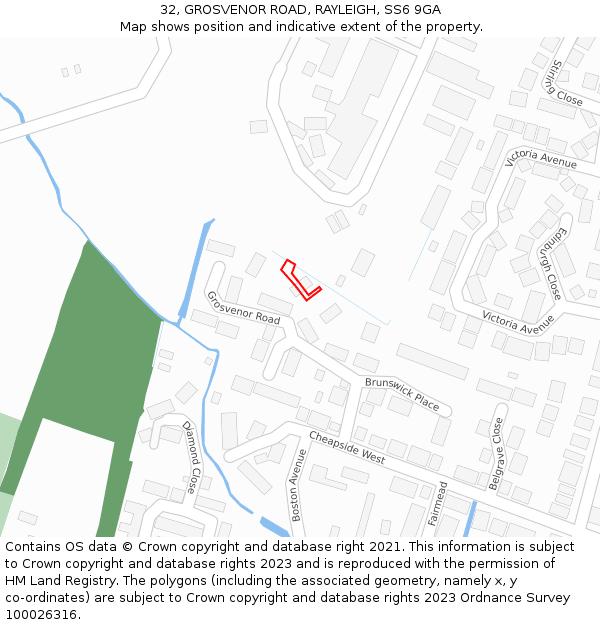32, GROSVENOR ROAD, RAYLEIGH, SS6 9GA: Location map and indicative extent of plot