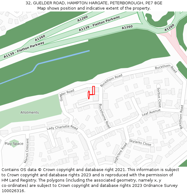 32, GUELDER ROAD, HAMPTON HARGATE, PETERBOROUGH, PE7 8GE: Location map and indicative extent of plot