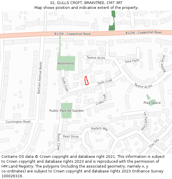 32, GULLS CROFT, BRAINTREE, CM7 3RT: Location map and indicative extent of plot