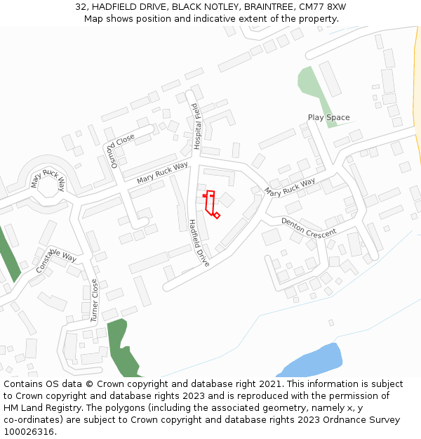 32, HADFIELD DRIVE, BLACK NOTLEY, BRAINTREE, CM77 8XW: Location map and indicative extent of plot