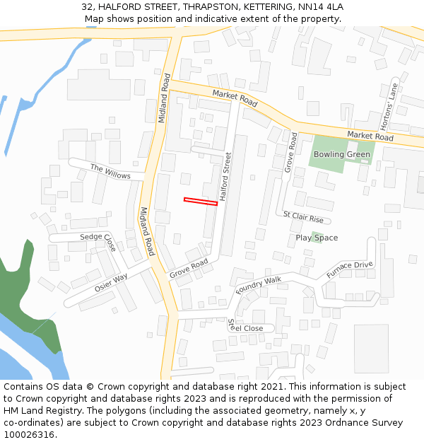 32, HALFORD STREET, THRAPSTON, KETTERING, NN14 4LA: Location map and indicative extent of plot