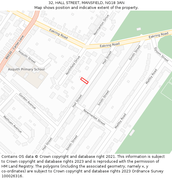 32, HALL STREET, MANSFIELD, NG18 3AN: Location map and indicative extent of plot