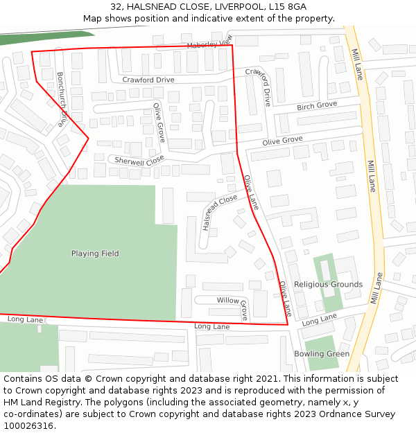 32, HALSNEAD CLOSE, LIVERPOOL, L15 8GA: Location map and indicative extent of plot