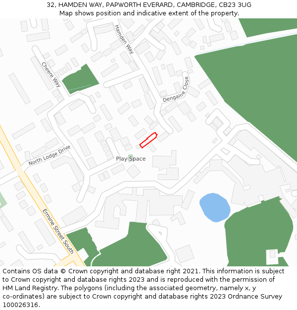 32, HAMDEN WAY, PAPWORTH EVERARD, CAMBRIDGE, CB23 3UG: Location map and indicative extent of plot