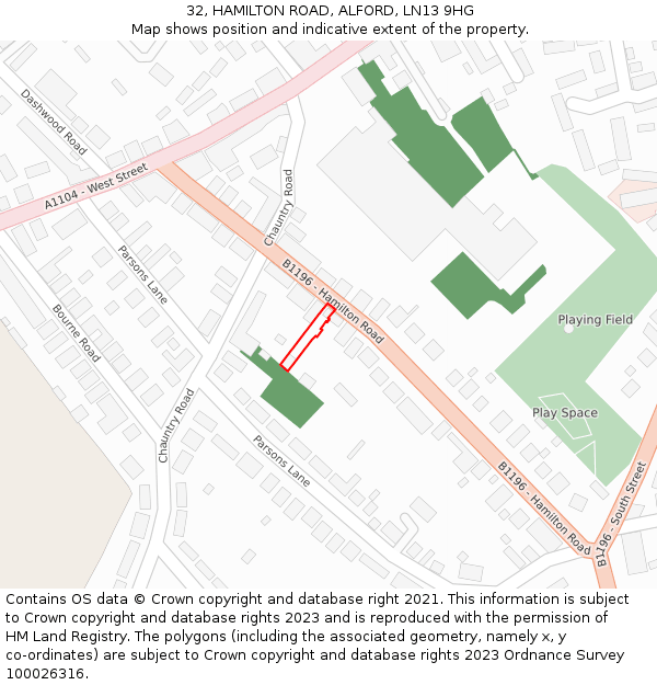 32, HAMILTON ROAD, ALFORD, LN13 9HG: Location map and indicative extent of plot