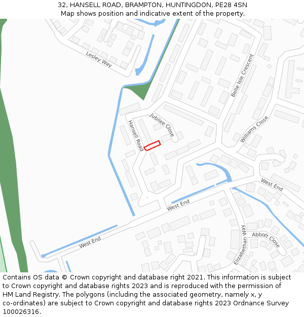 32, HANSELL ROAD, BRAMPTON, HUNTINGDON, PE28 4SN: Location map and indicative extent of plot
