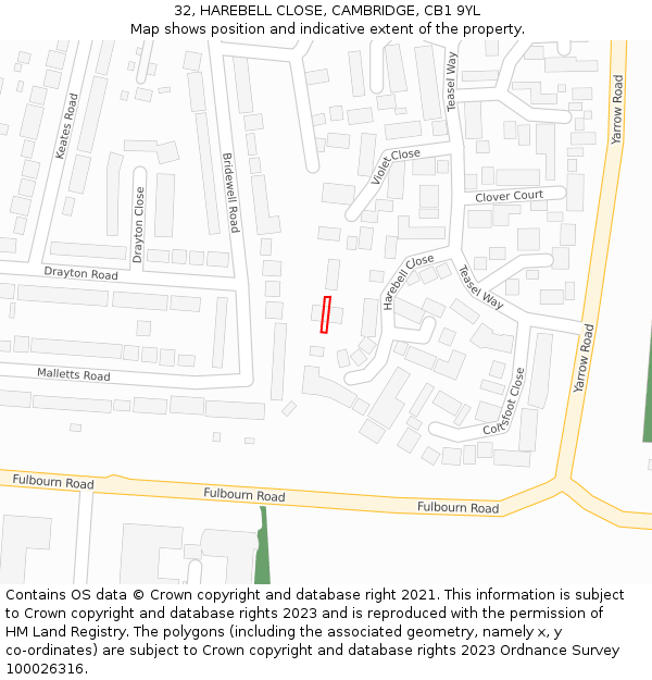 32, HAREBELL CLOSE, CAMBRIDGE, CB1 9YL: Location map and indicative extent of plot