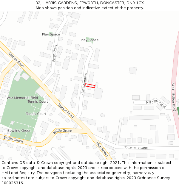 32, HARRIS GARDENS, EPWORTH, DONCASTER, DN9 1GX: Location map and indicative extent of plot