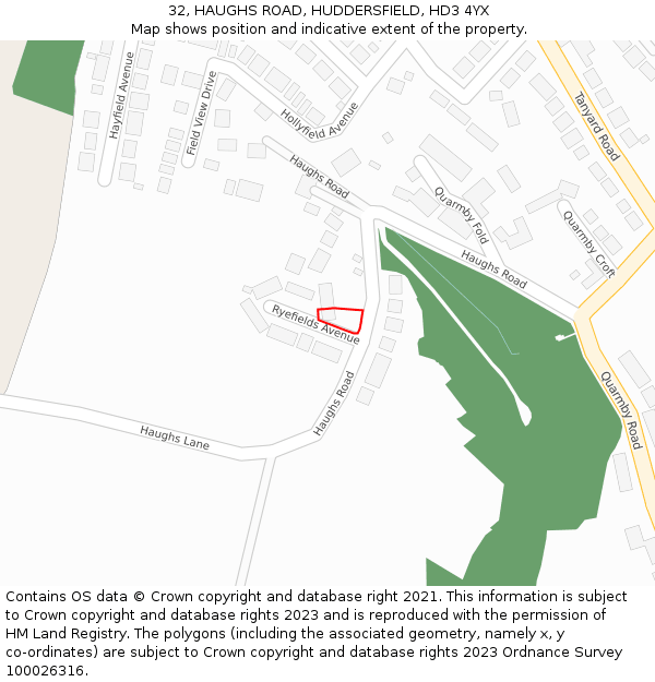 32, HAUGHS ROAD, HUDDERSFIELD, HD3 4YX: Location map and indicative extent of plot