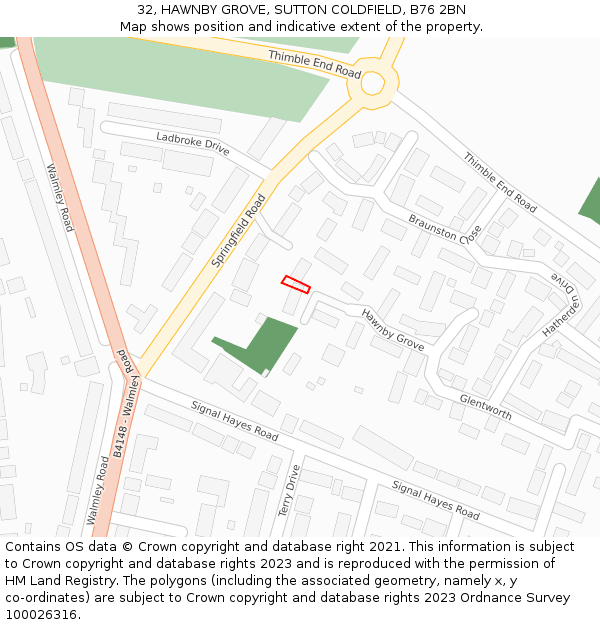 32, HAWNBY GROVE, SUTTON COLDFIELD, B76 2BN: Location map and indicative extent of plot