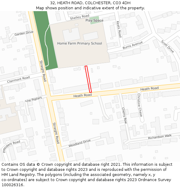 32, HEATH ROAD, COLCHESTER, CO3 4DH: Location map and indicative extent of plot