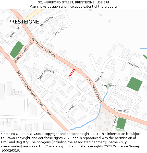 32, HEREFORD STREET, PRESTEIGNE, LD8 2AT: Location map and indicative extent of plot