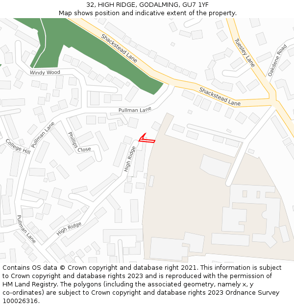 32, HIGH RIDGE, GODALMING, GU7 1YF: Location map and indicative extent of plot