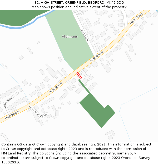 32, HIGH STREET, GREENFIELD, BEDFORD, MK45 5DD: Location map and indicative extent of plot