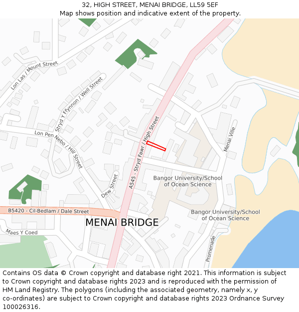 32, HIGH STREET, MENAI BRIDGE, LL59 5EF: Location map and indicative extent of plot